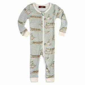 Milkbarn Bamboo Long Sleeve Zipper Pajama - Blue Ships